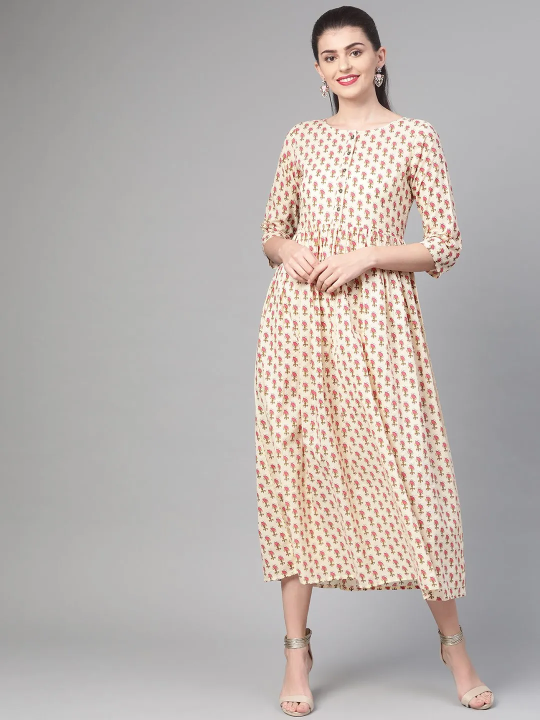 Women Cream & Pink Floral Printed Maxi Dress