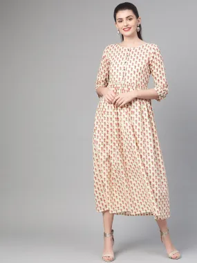 Women Cream & Pink Floral Printed Maxi Dress