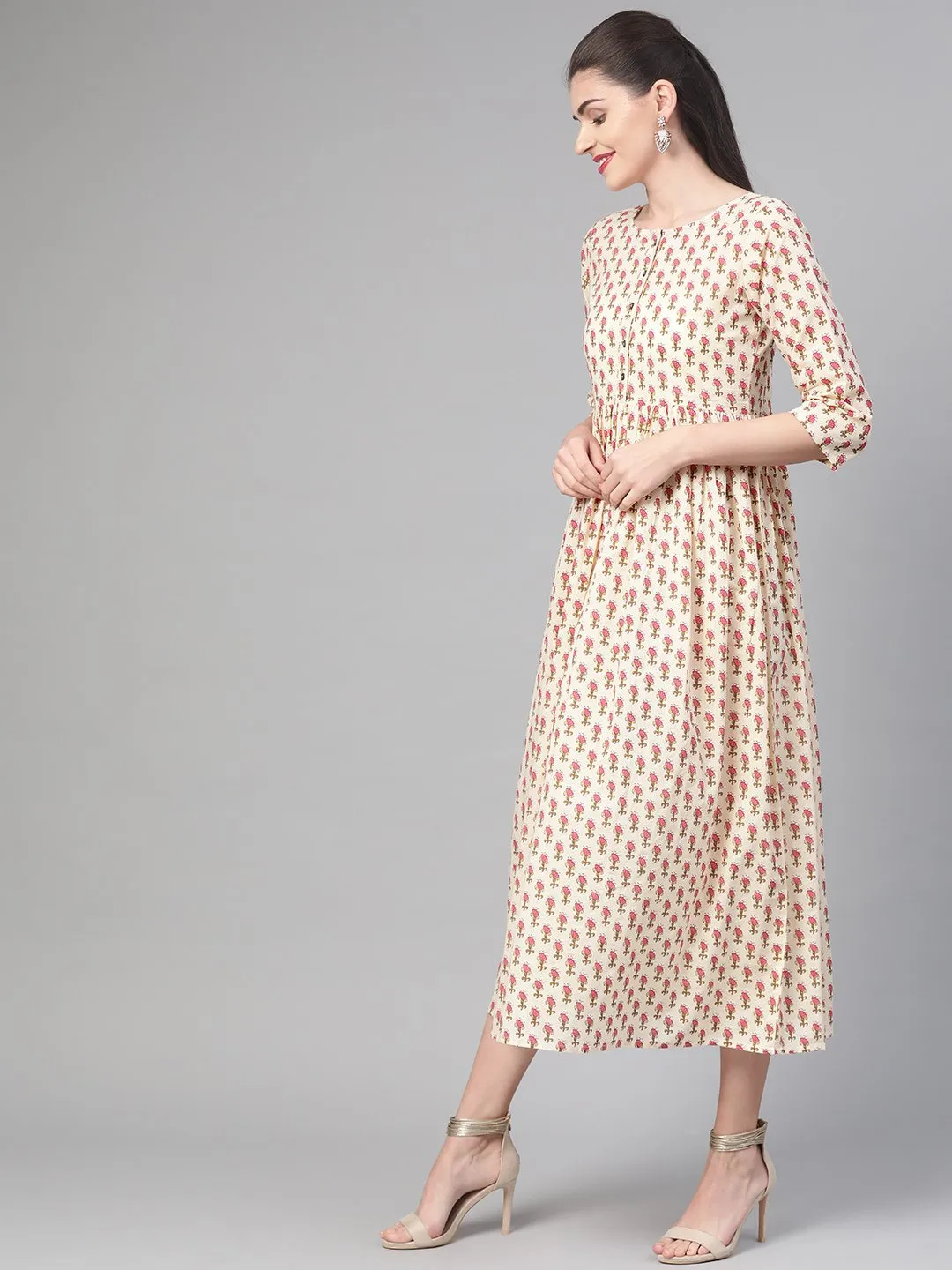 Women Cream & Pink Floral Printed Maxi Dress