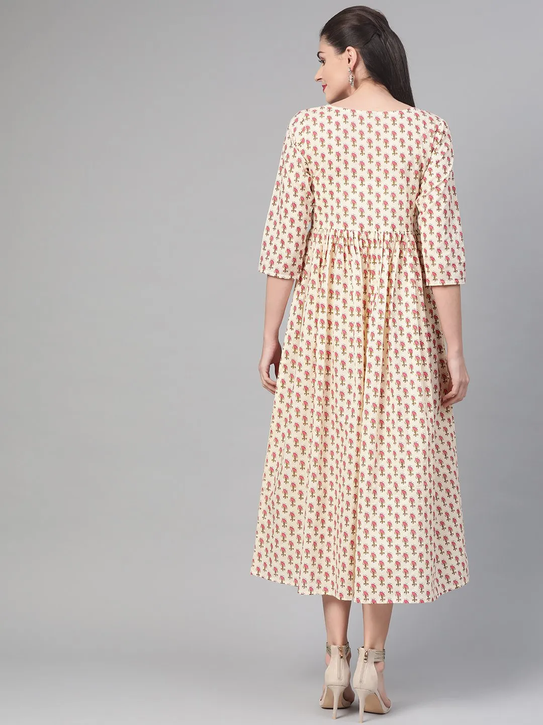 Women Cream & Pink Floral Printed Maxi Dress