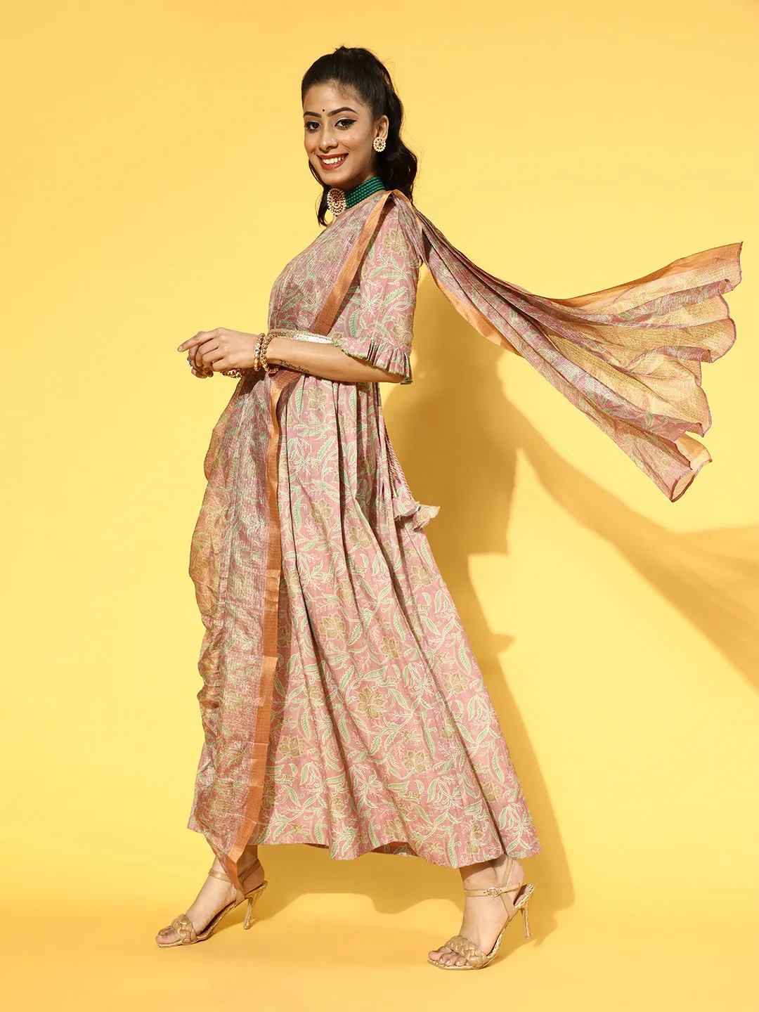Women Peach Viscose Rayon Dress With Dupatta