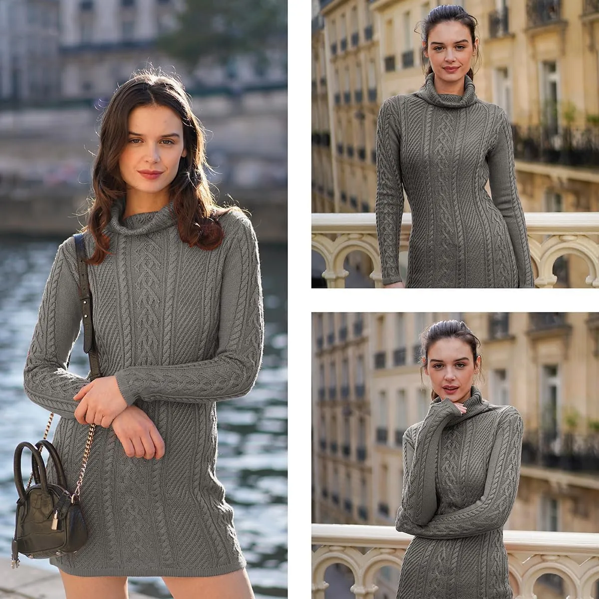 Women Polo Neck Long Slim Fitted Dress Bodycon Turtleneck Cable Knit Sweater