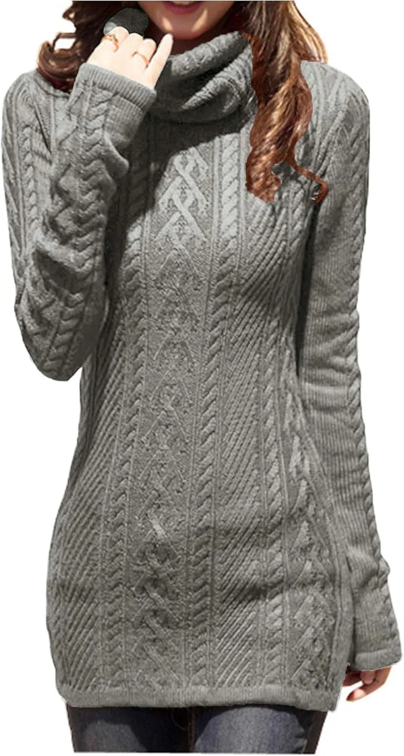 Women Polo Neck Long Slim Fitted Dress Bodycon Turtleneck Cable Knit Sweater