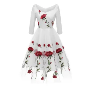Women Rose Embroidery Dress Slash Neck 3/4 Sleeves Wrap High Waist Dress - WD8253