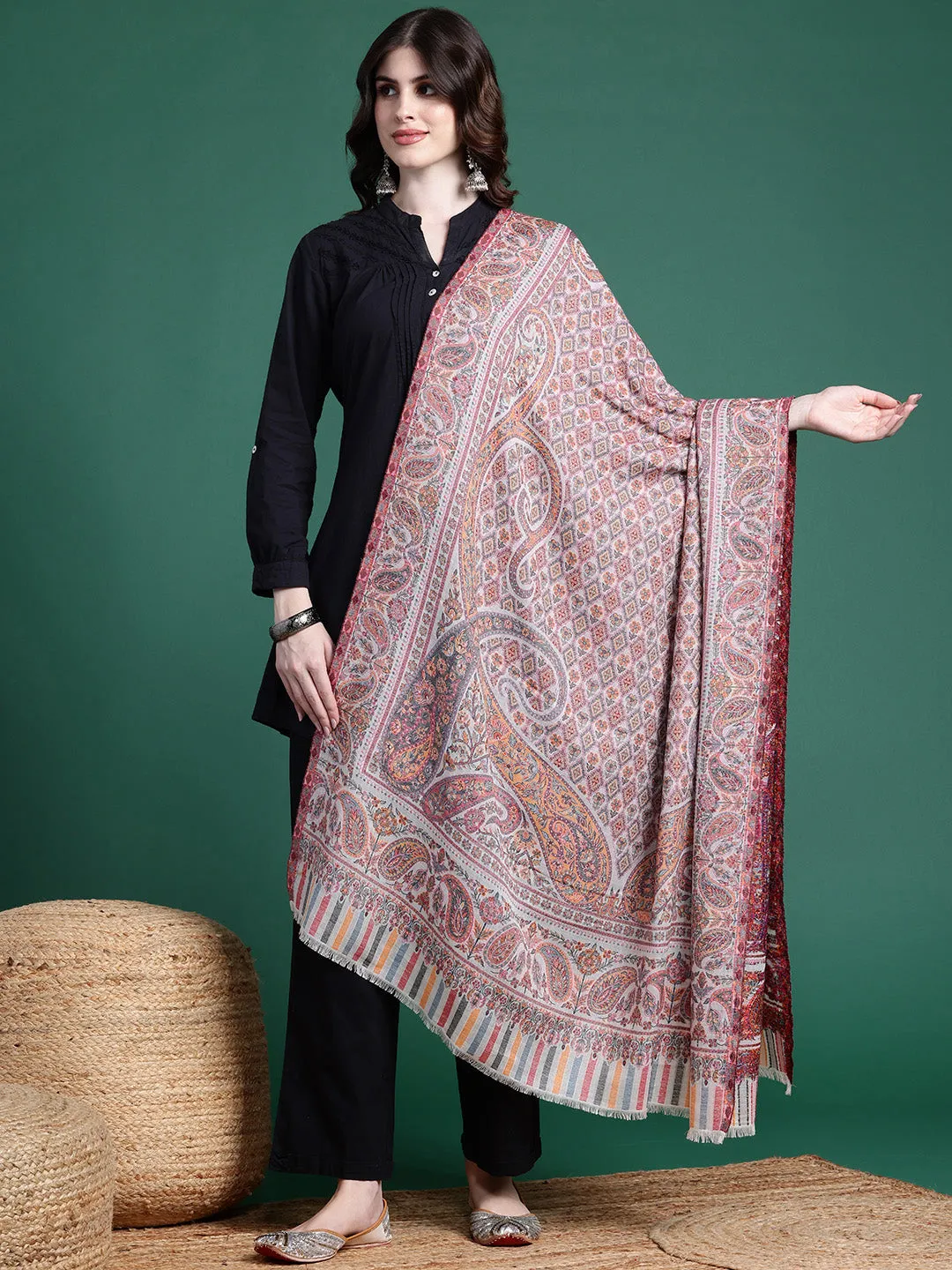 Women Wool Blended Ethnic Motifs Woven Design Shawl
