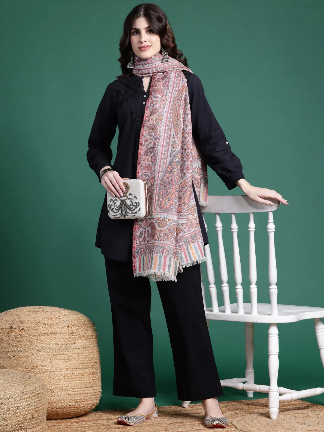 Women Wool Blended Ethnic Motifs Woven Design Shawl