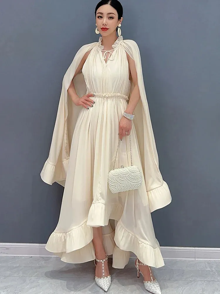 Women's Stylish Elegant Cape Ruffle Midi Dress