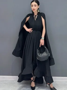 Women's Stylish Elegant Cape Ruffle Midi Dress