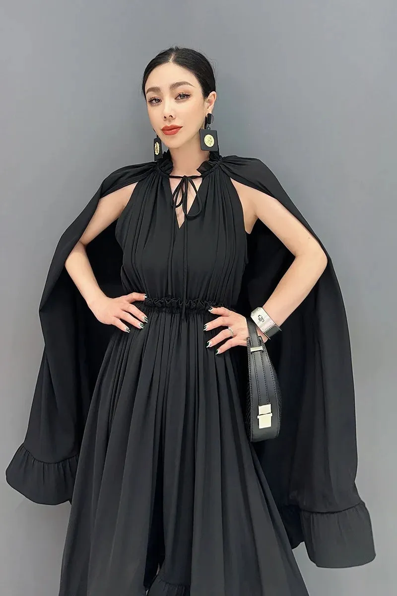 Women's Stylish Elegant Cape Ruffle Midi Dress