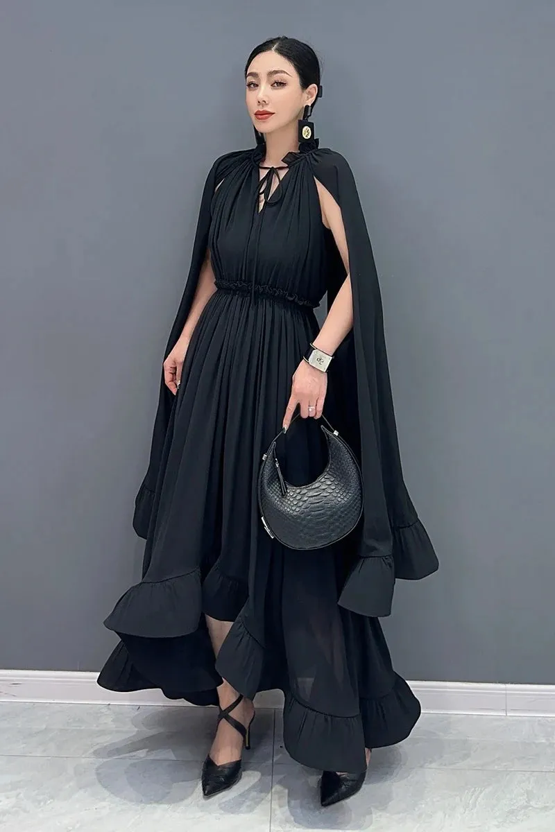 Women's Stylish Elegant Cape Ruffle Midi Dress