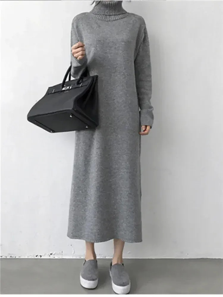 Wool Winter Womens Dress Fall Sweater Women Dress Long Sleeve Knitted Dresses Maxi Vintage Oversize Dresses Knitting Turtleneck