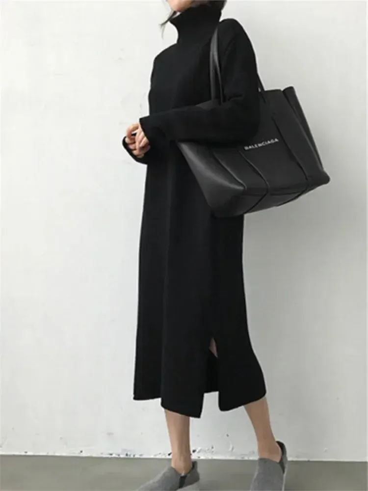 Wool Winter Womens Dress Fall Sweater Women Dress Long Sleeve Knitted Dresses Maxi Vintage Oversize Dresses Knitting Turtleneck