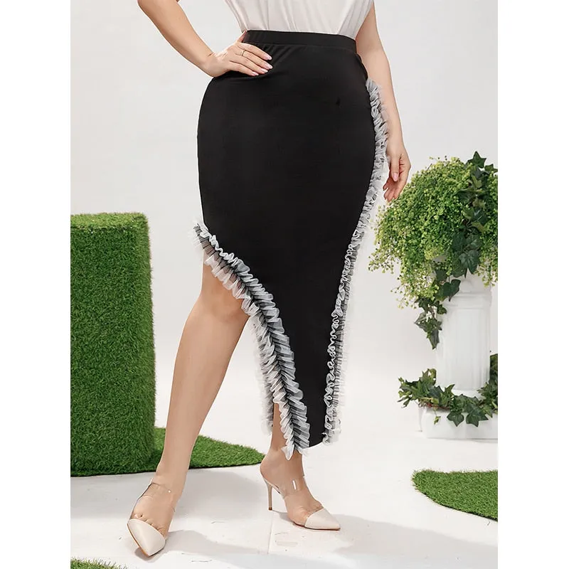 Wrap Hip Ruffle Asymmetrical Hem Skirt