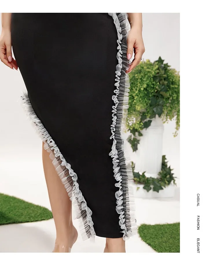 Wrap Hip Ruffle Asymmetrical Hem Skirt