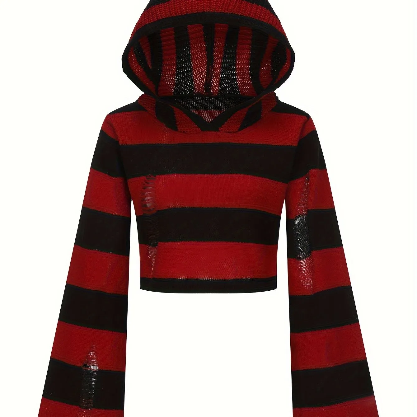 Y2K Ripped Flare Sleeve Punk Striped Distressed Hooded Sweater for Women's Spring & Fall Clothing