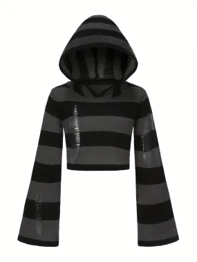 Y2K Ripped Flare Sleeve Punk Striped Distressed Hooded Sweater for Women's Spring & Fall Clothing