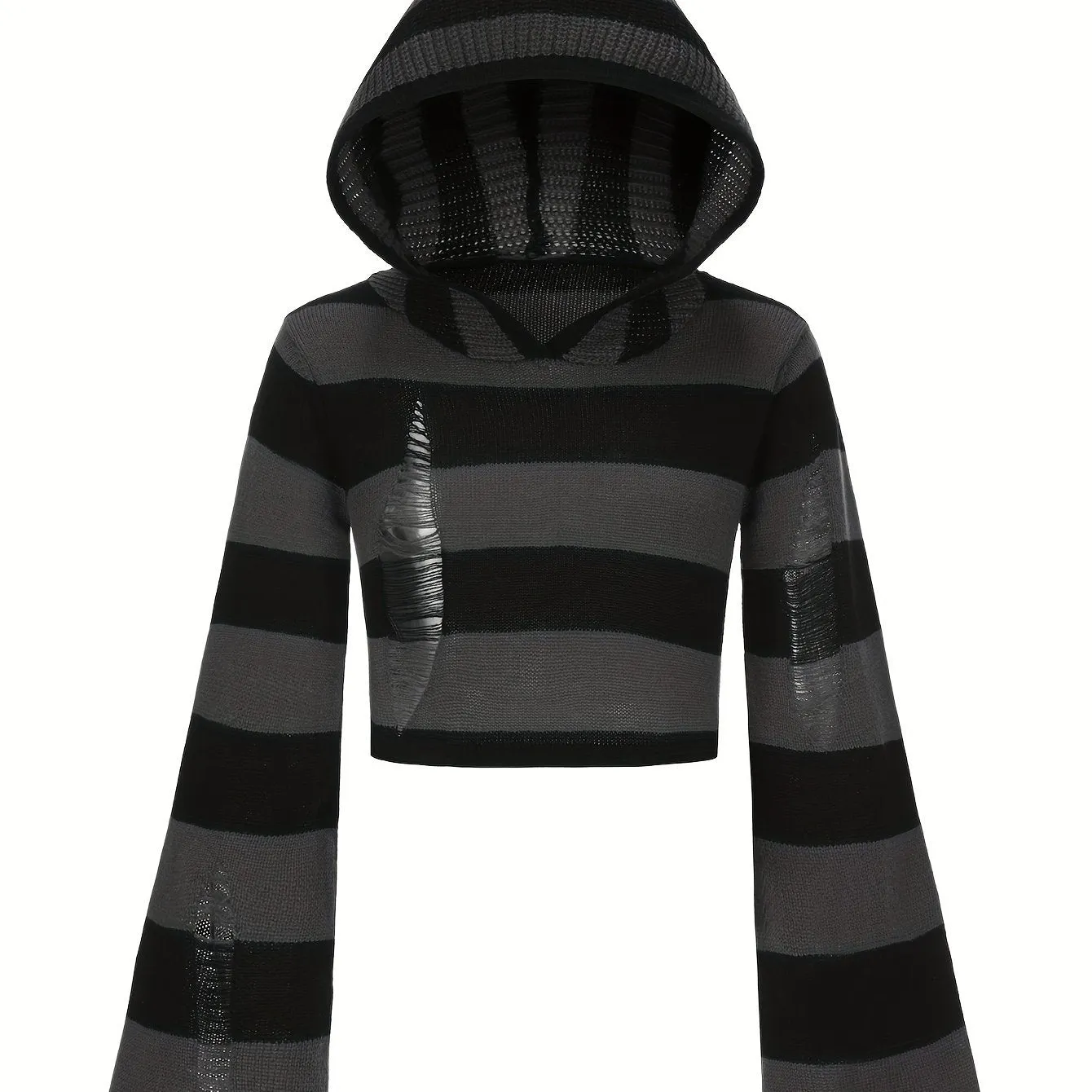 Y2K Ripped Flare Sleeve Punk Striped Distressed Hooded Sweater for Women's Spring & Fall Clothing