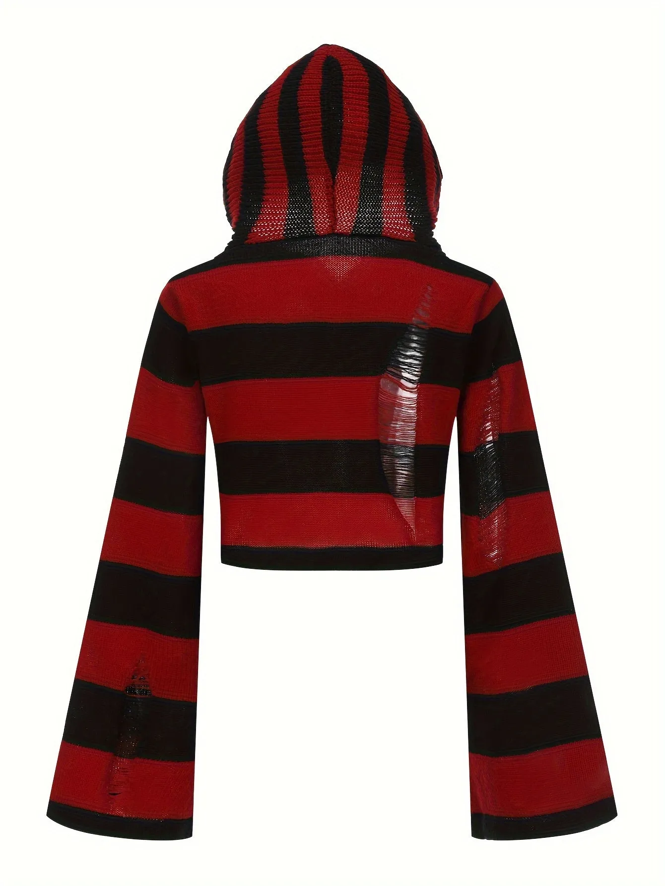 Y2K Ripped Flare Sleeve Punk Striped Distressed Hooded Sweater for Women's Spring & Fall Clothing