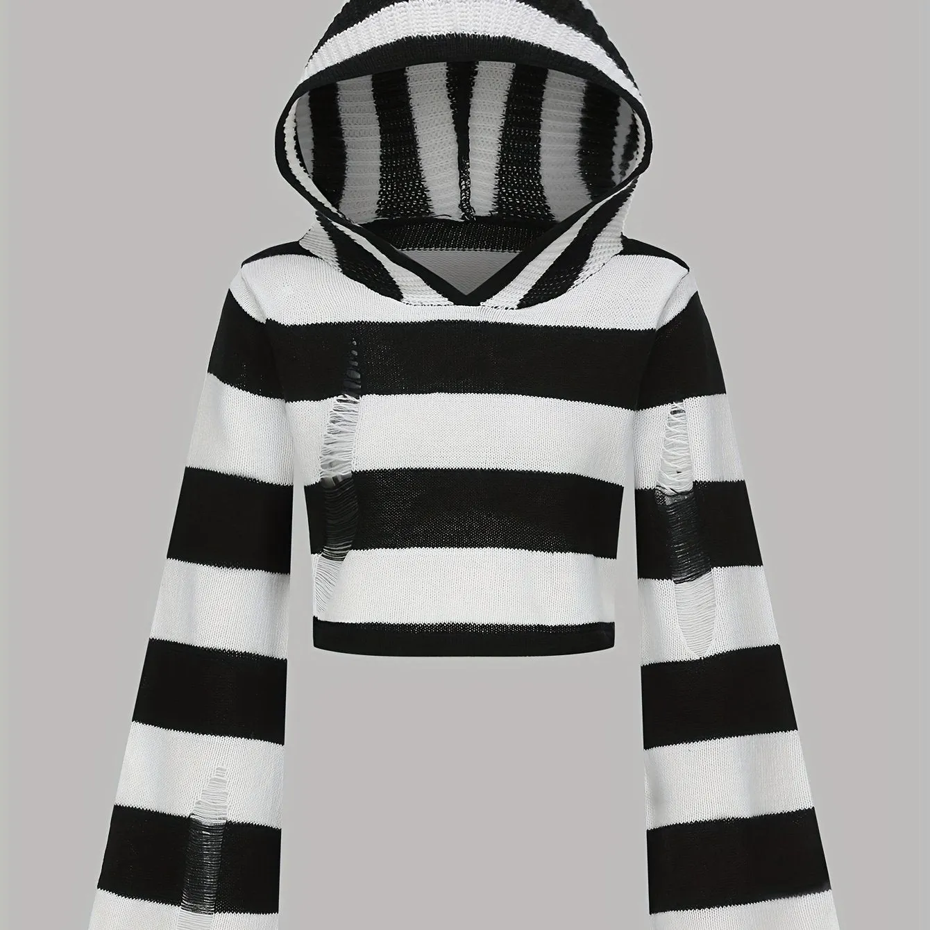 Y2K Ripped Flare Sleeve Punk Striped Distressed Hooded Sweater for Women's Spring & Fall Clothing