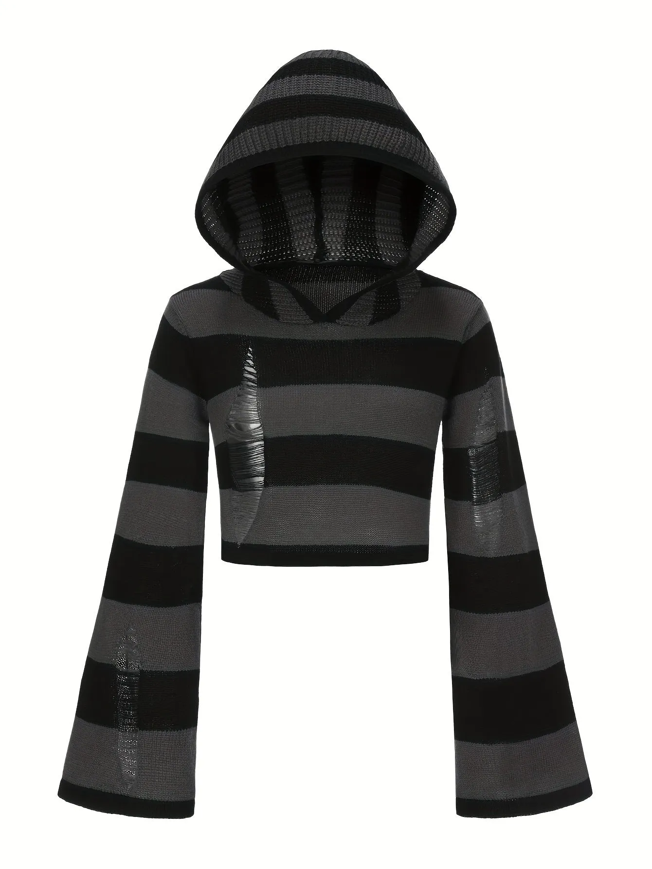 Y2K Ripped Flare Sleeve Punk Striped Distressed Hooded Sweater for Women's Spring & Fall Clothing