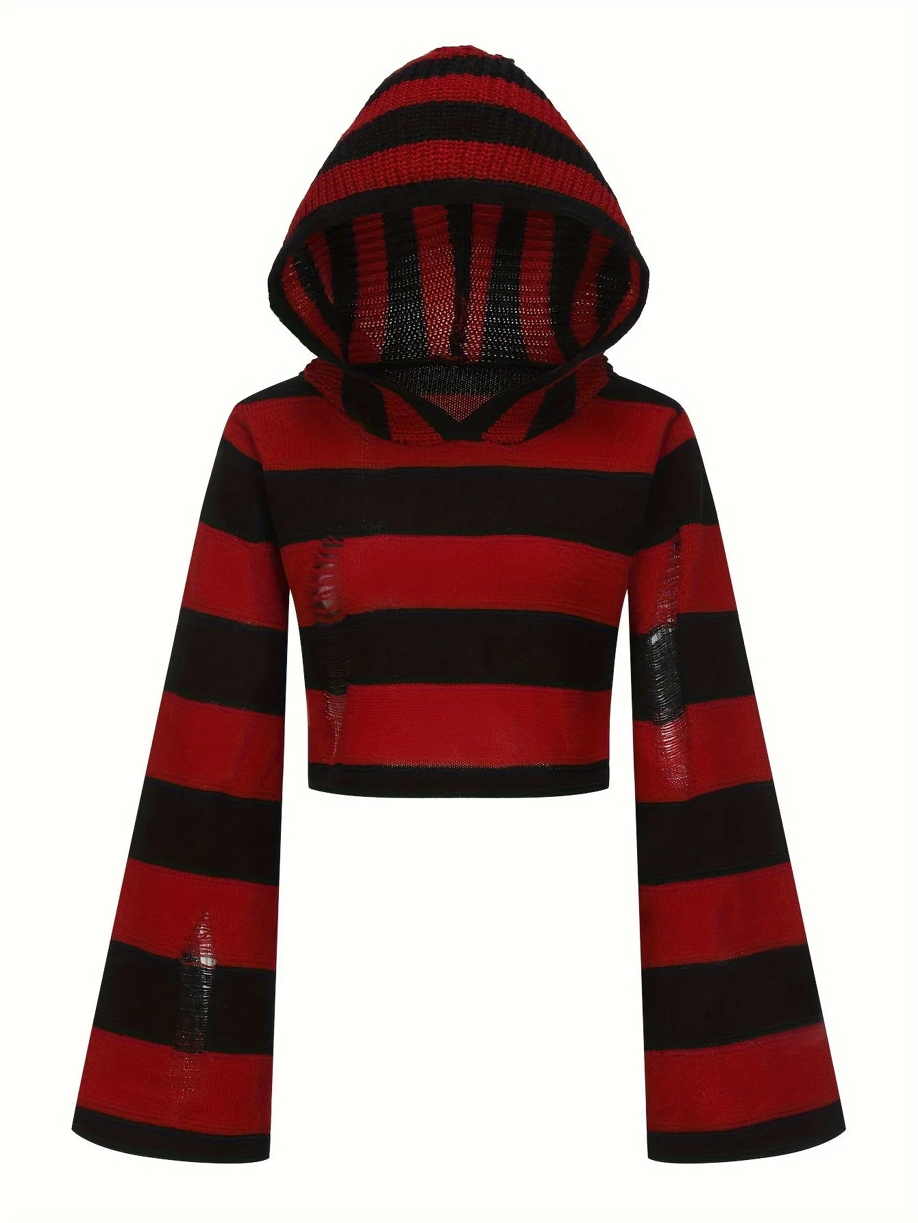 Y2K Ripped Flare Sleeve Punk Striped Distressed Hooded Sweater for Women's Spring & Fall Clothing