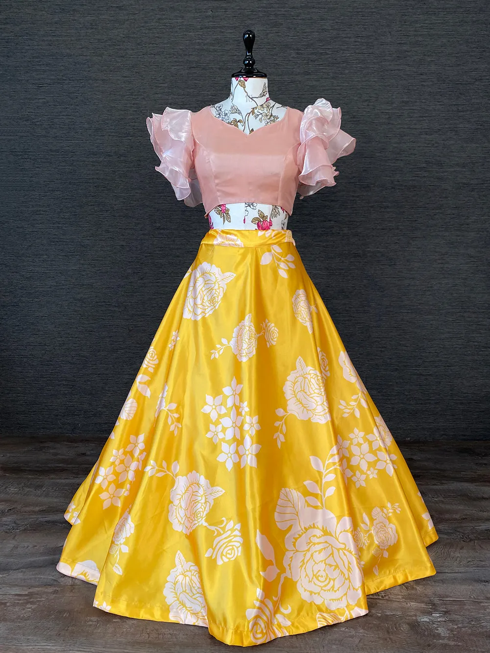 Yellow Color Heavy Dull Satin Floral Digital Printed Lehenga Crop Top