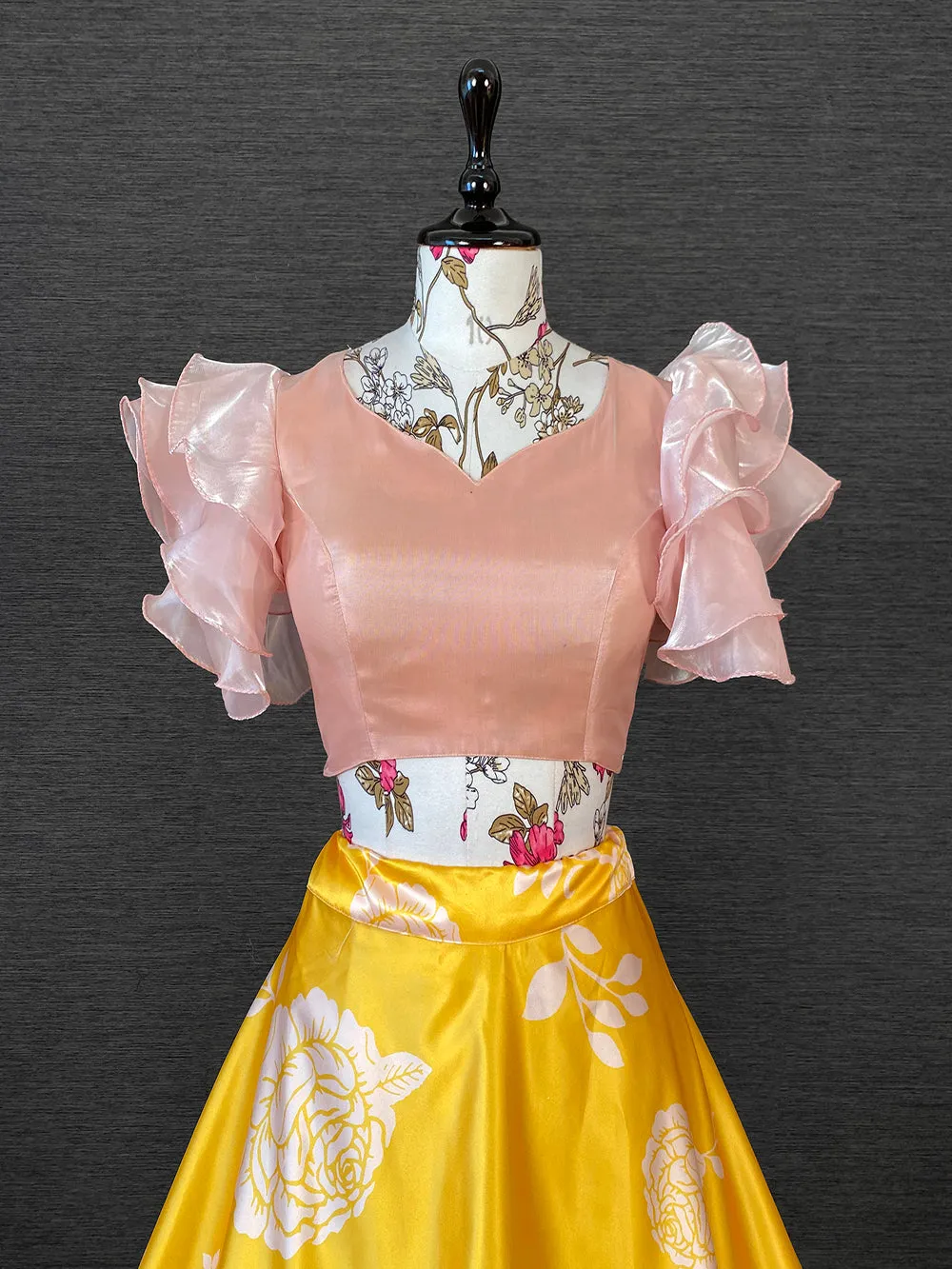 Yellow Color Heavy Dull Satin Floral Digital Printed Lehenga Crop Top