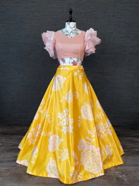 Yellow Color Heavy Dull Satin Floral Digital Printed Lehenga Crop Top