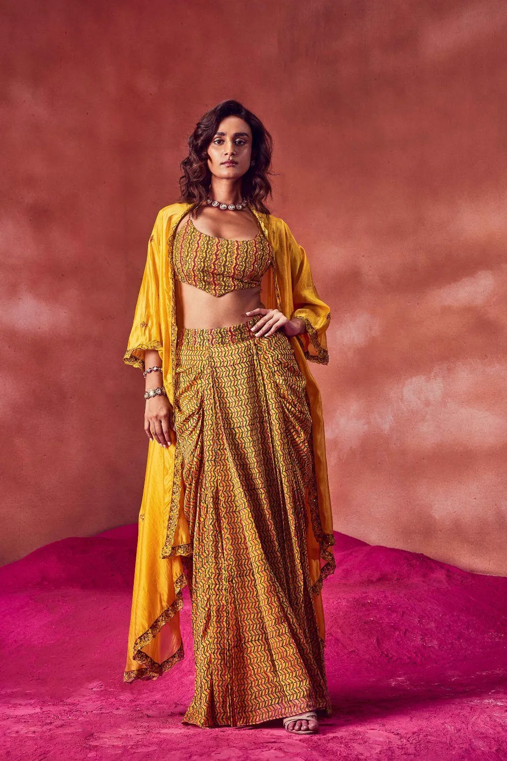 Yellow Draped Skirt Paired Top & Cape