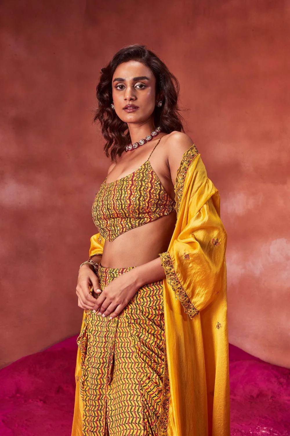 Yellow Draped Skirt Paired Top & Cape