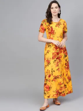 Yellow Multi Colored Floral Printed Maxi Dress With Round Neck & 3/4 Sleeves